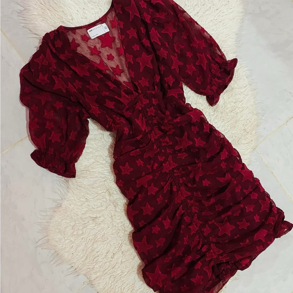 ASOS Boho Star Pattern Oxblood Ruched Mini Dress